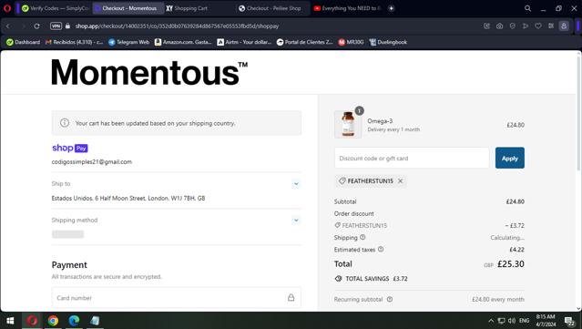 Momentous checkout page showing Momentous discount code box | Screenshot taken by SimplyCodes community member on Apr 7, 2024