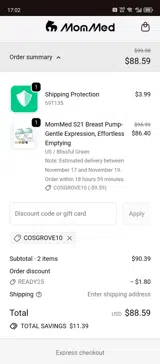 COSGROVE10 coupon verification screenshot