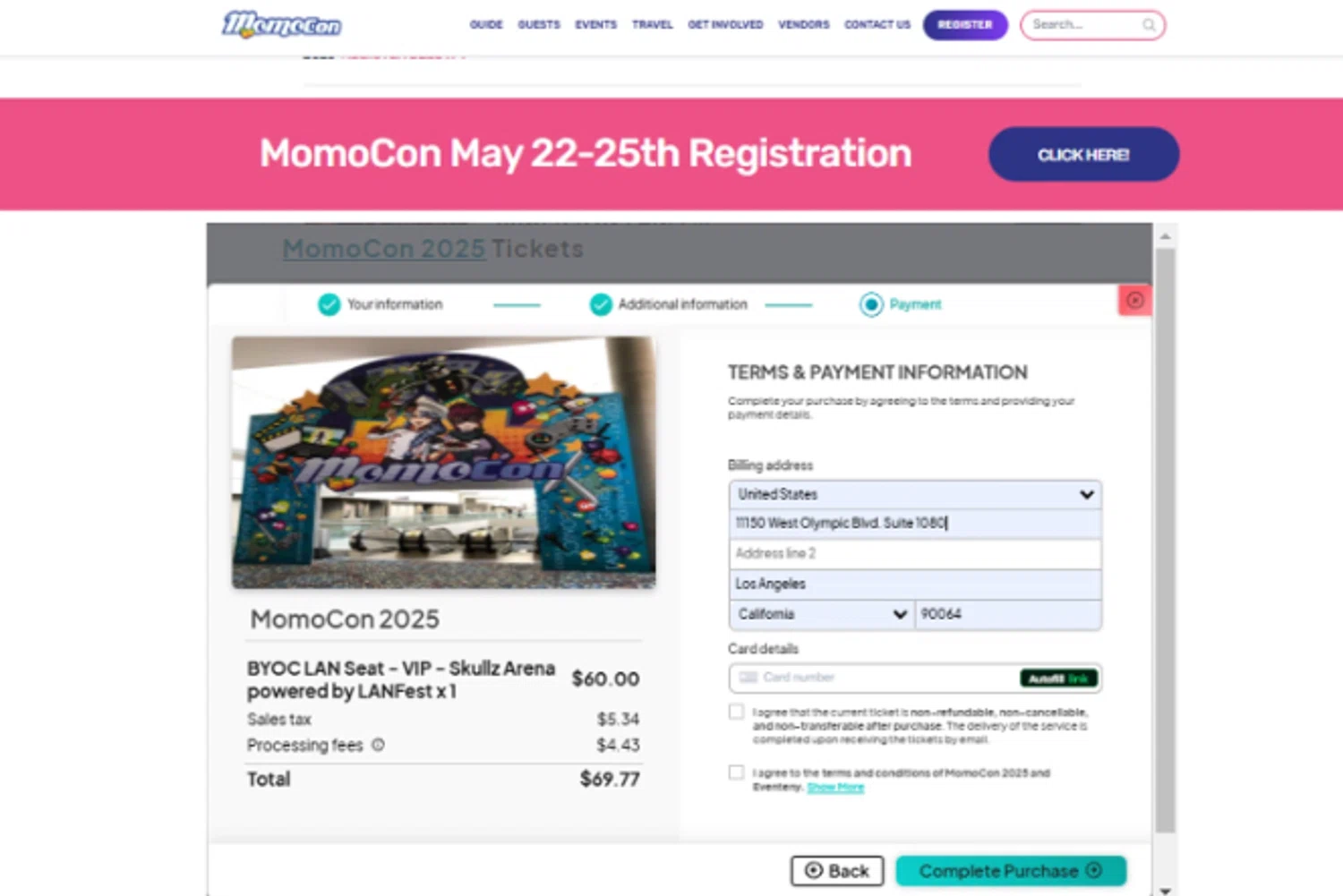 MomoCon discount code screenshot showing code CyberMonday applied at MomoCon checkout page. Uploaded by SimplyCodes community member SimplyCVerlie on Feb 26, 2025