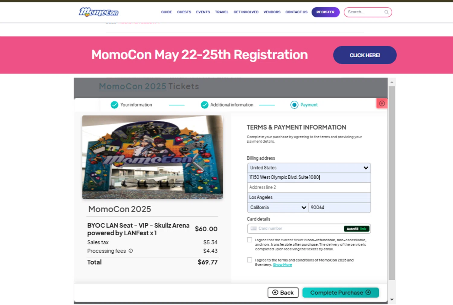 MomoCon discount code screenshot showing code CyberMonday applied at MomoCon checkout page. Uploaded by SimplyCodes community member SimplyCVerlie on Feb 14, 2025
