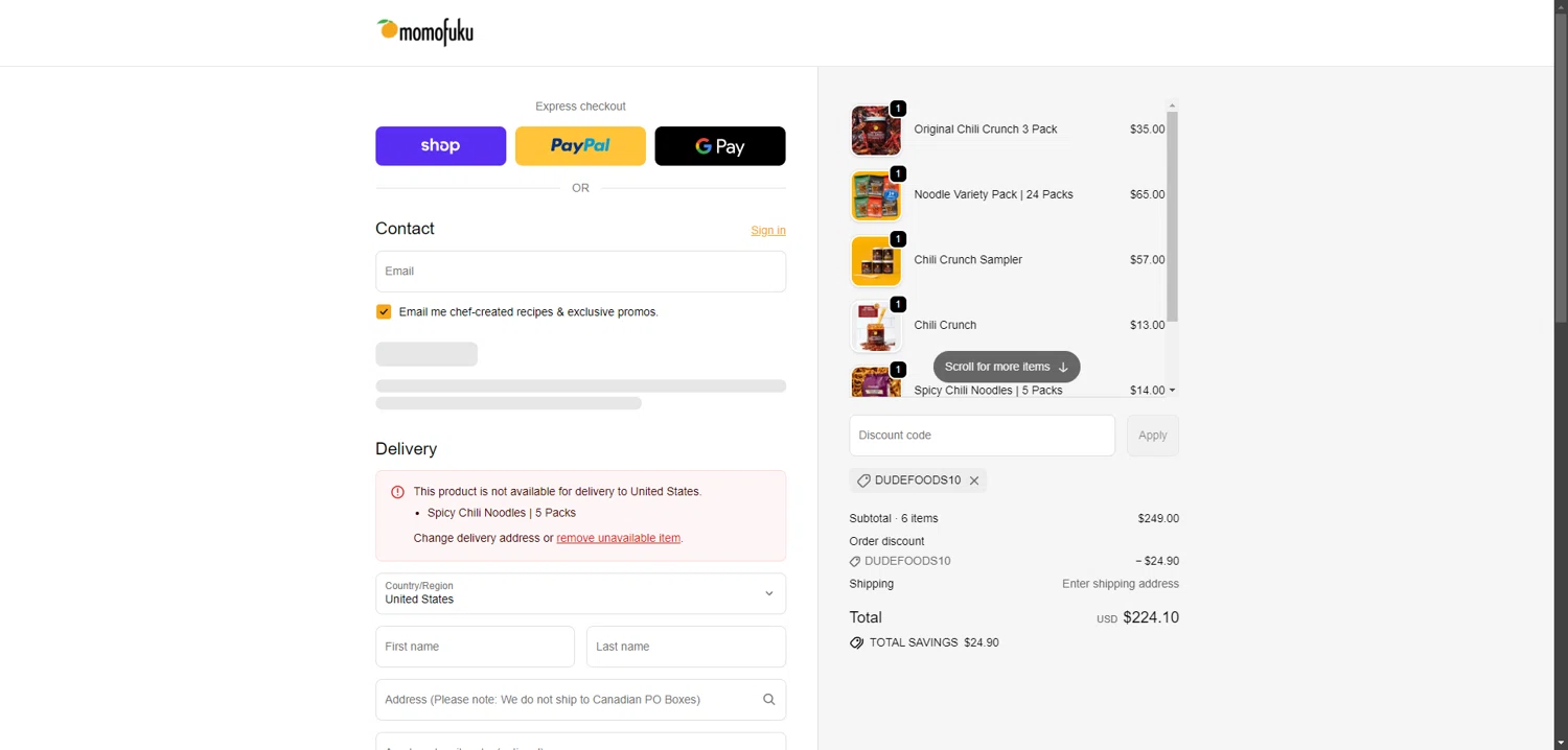 Momofuku promo code screenshot showing code DUDEFOODS10 applied at Momofuku checkout page. Uploaded by SimplyCodes community member LOgoter on Feb 26, 2026