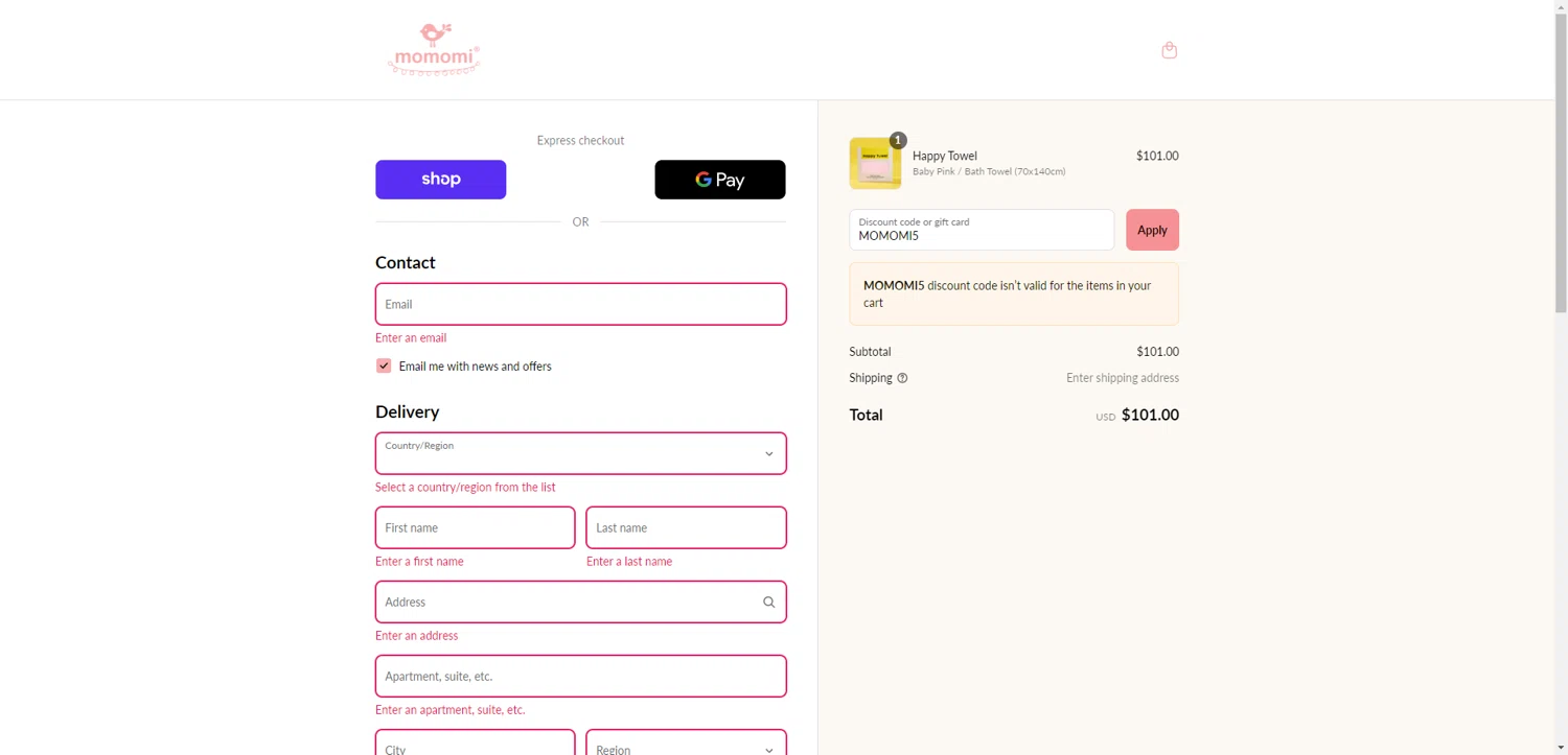 Momomi discount code screenshot showing code MOMOMI5 applied at Momomi checkout page. Uploaded by SimplyCodes community member ValiantAce1810 on Sep 4, 2025