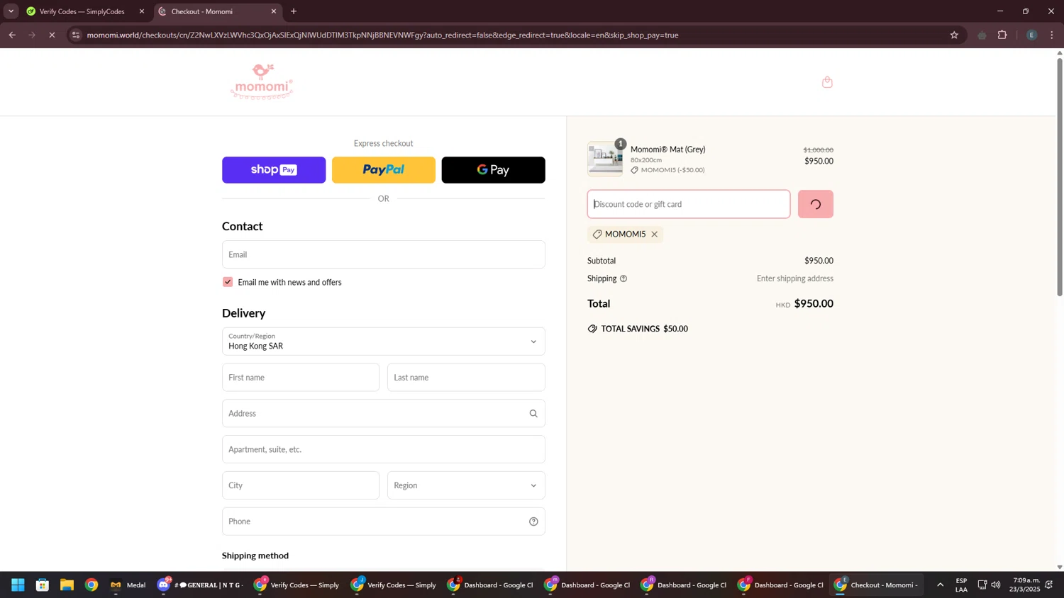 Momomi discount code screenshot showing code MOMOMI5 applied at Momomi checkout page. Uploaded by SimplyCodes community member GloriousPioneer2942 on Mar 23, 2025