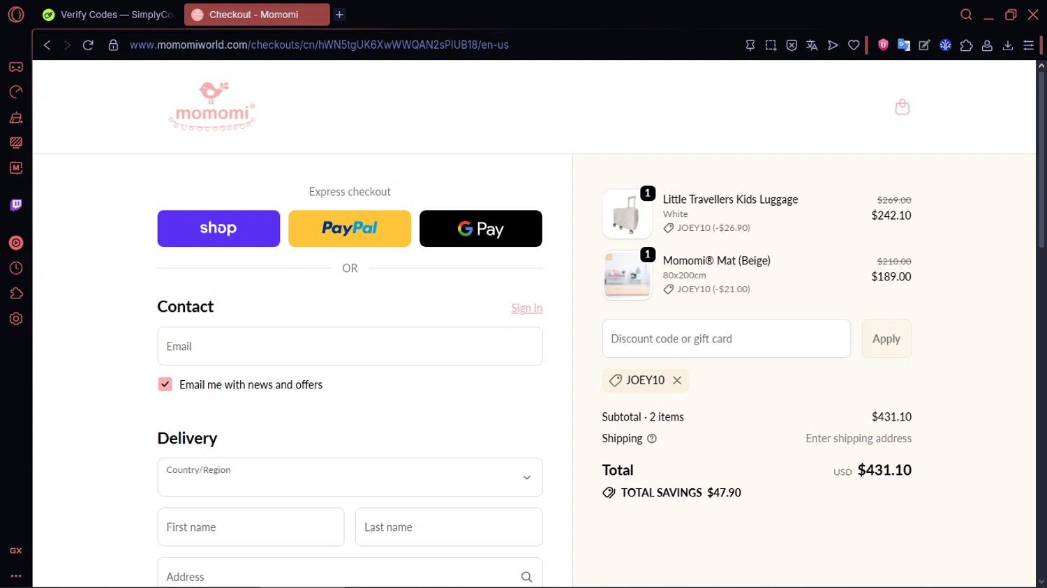 Momomi discount code screenshot showing code JOEY10 applied at Momomi checkout page. Uploaded by SimplyCodes community member MoneySentinel1166 on Nov 30, 2025