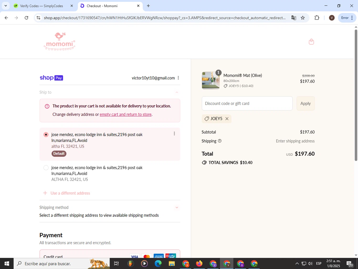Momomi discount code screenshot showing code JOEY5 applied at Momomi checkout page. Uploaded by SimplyCodes community member CashLion3448 on Aug 1, 2025