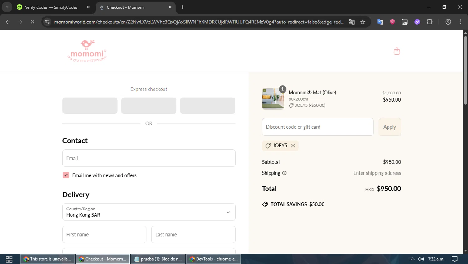 Momomi discount code screenshot showing code JOEY5 applied at Momomi checkout page. Uploaded by SimplyCodes community member MoneyPioneer4925 on Jun 28, 2025
