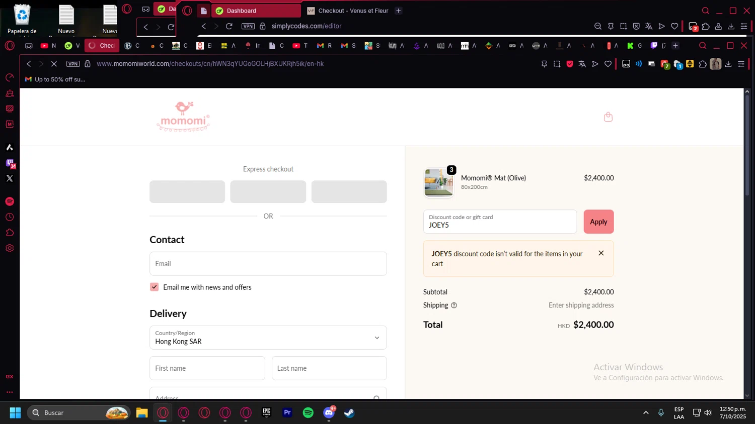 Momomi discount code screenshot showing code JOEY5 applied at Momomi checkout page. Uploaded by SimplyCodes community member kurcovein on Oct 7, 2025