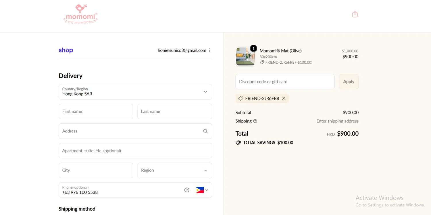 Momomi discount code screenshot showing code FRIEND-2JR6FR8 applied at Momomi checkout page. Uploaded by SimplyCodes community member Lioniel on Oct 28, 2025