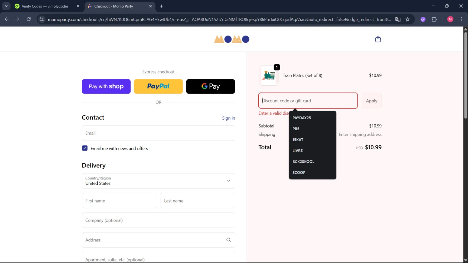 Momo Party promo code screenshot showing code GIFT15 applied at Momo Party checkout page. Uploaded by SimplyCodes community member ValueCollector4159 on Jan 7, 2026