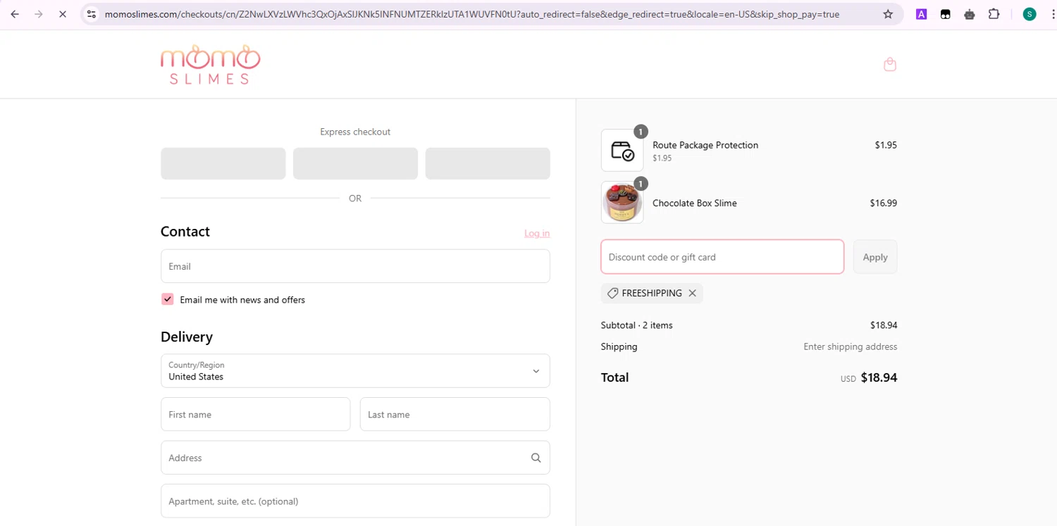 Momo Slimes discount code screenshot showing code FREESHIPPING applied at Momo Slimes checkout page. Uploaded by SimplyCodes community member Samu10 on Apr 11, 2025