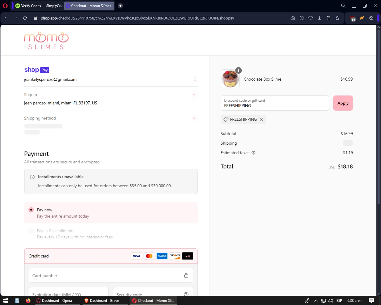 Momo Slimes discount code screenshot showing code FREESHIPPING applied at Momo Slimes checkout page. Uploaded by SimplyCodes community member yonaiker on Apr 11, 2025
