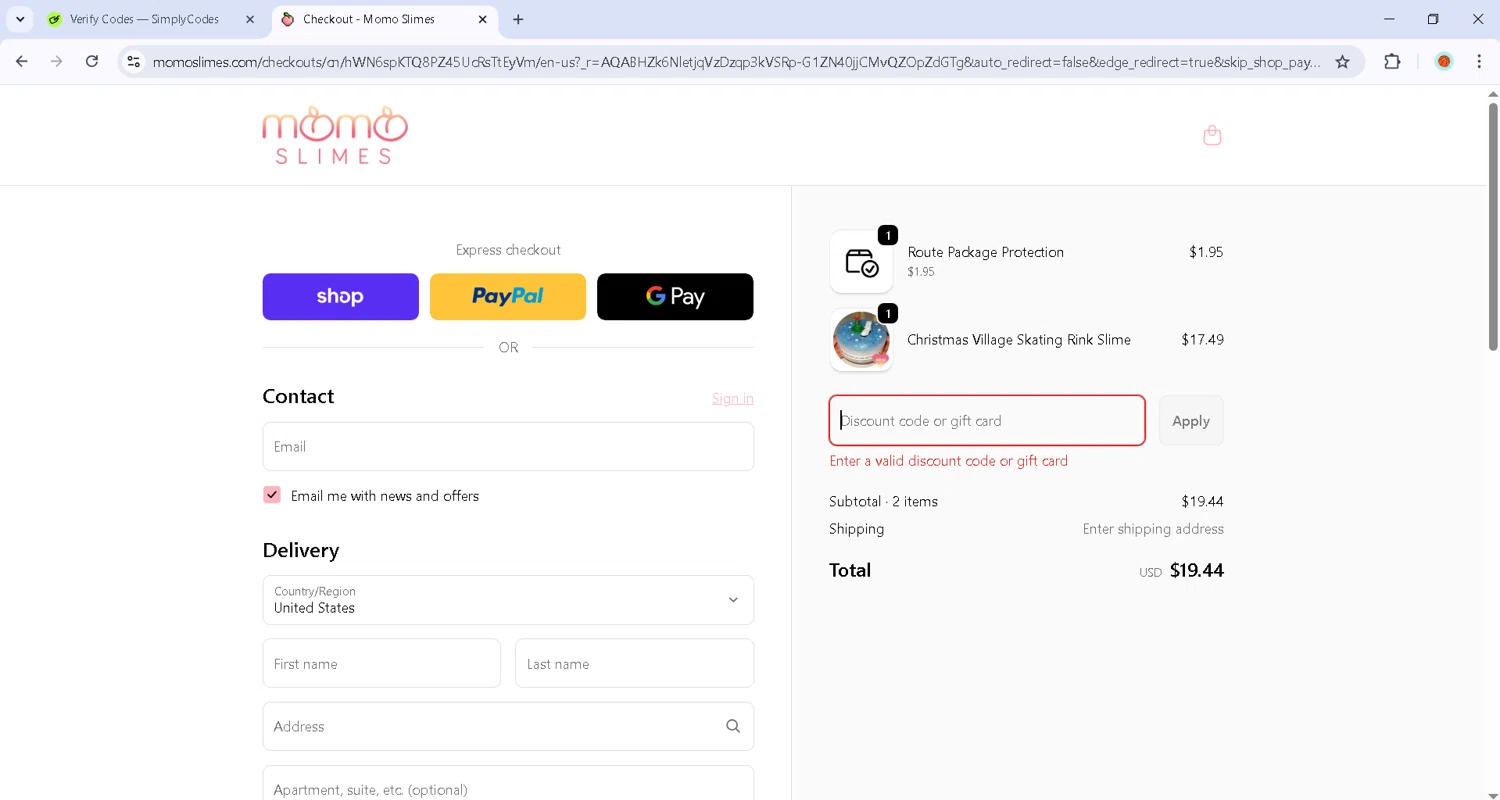 Momo Slimes discount code screenshot showing code holiday applied at Momo Slimes checkout page. Uploaded by SimplyCodes community member Estefani4 on Dec 26, 2025