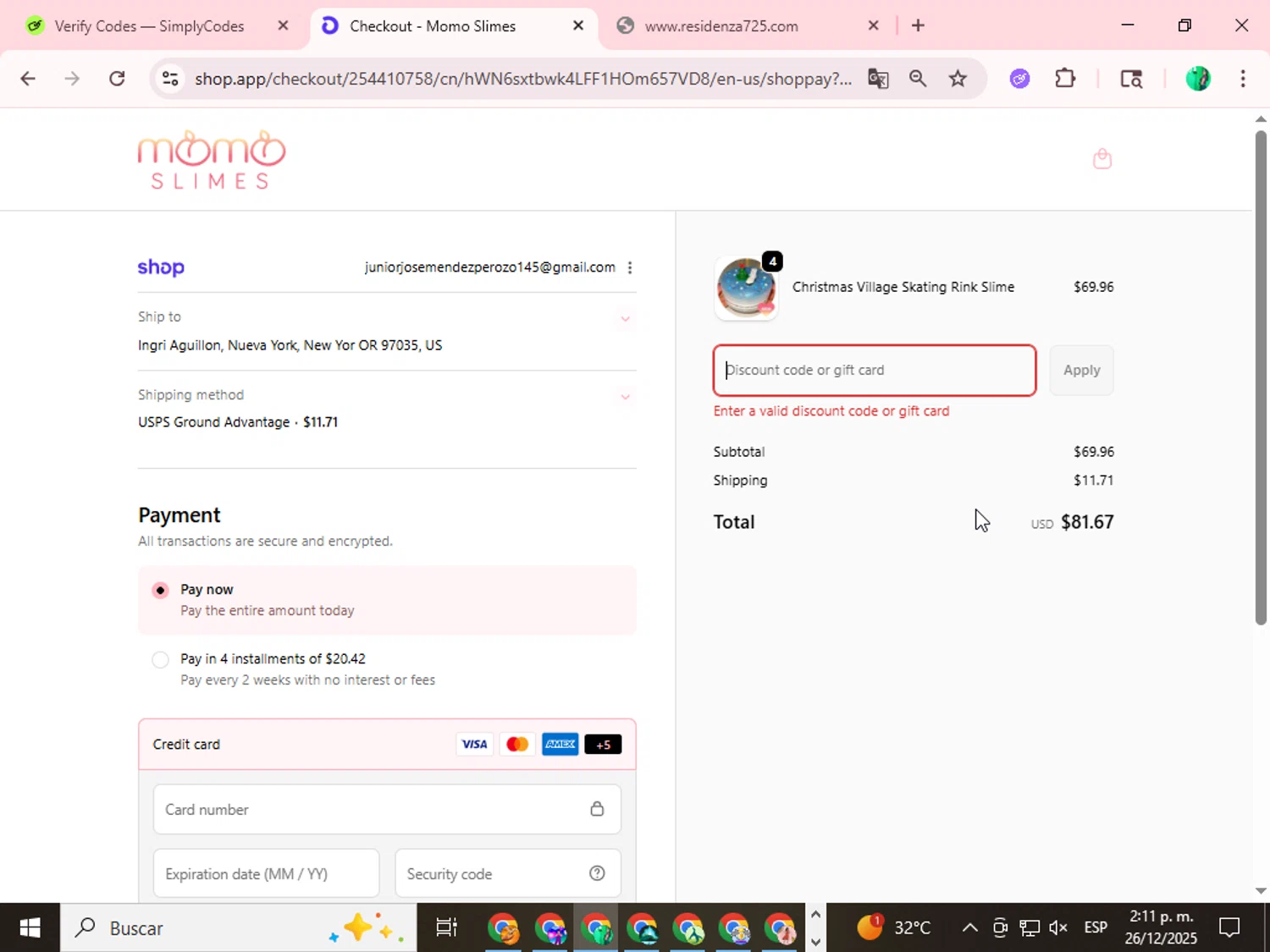 Momo Slimes discount code screenshot showing code holiday applied at Momo Slimes checkout page. Uploaded by SimplyCodes community member FortunateMaven5954 on Dec 26, 2025