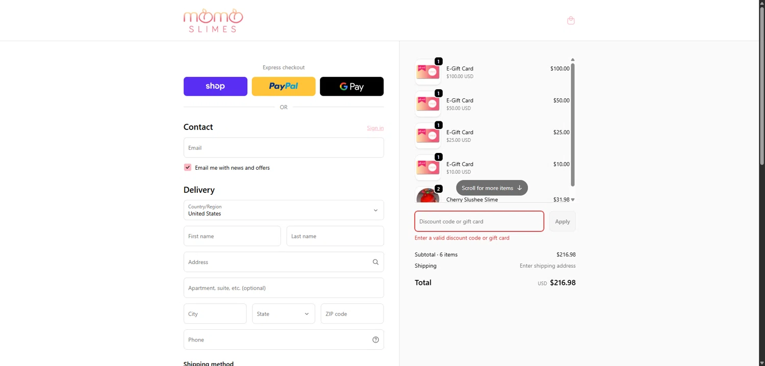 Momo Slimes discount code screenshot showing code STRANGE applied at Momo Slimes checkout page. Uploaded by SimplyCodes community member FortunateSeeker4760 on Dec 26, 2025