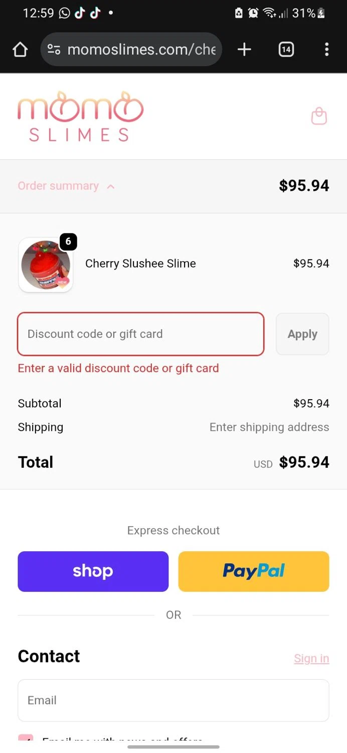 Momo Slimes discount code screenshot showing code STRANGE applied at Momo Slimes checkout page. Uploaded by SimplyCodes community member miguelcrast on Dec 26, 2025