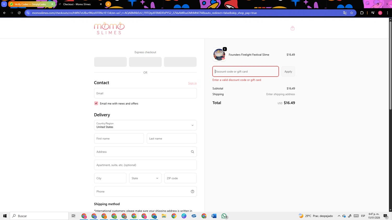 Momo Slimes discount code screenshot showing code gilmore applied at Momo Slimes checkout page. Uploaded by SimplyCodes community member TokenSleuth5758 on Jan 15, 2026