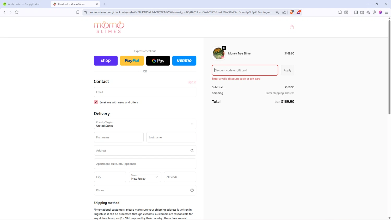 Momo Slimes discount code screenshot showing code LUNAR applied at Momo Slimes checkout page. Uploaded by SimplyCodes community member TheGnomo on Jan 29, 2026