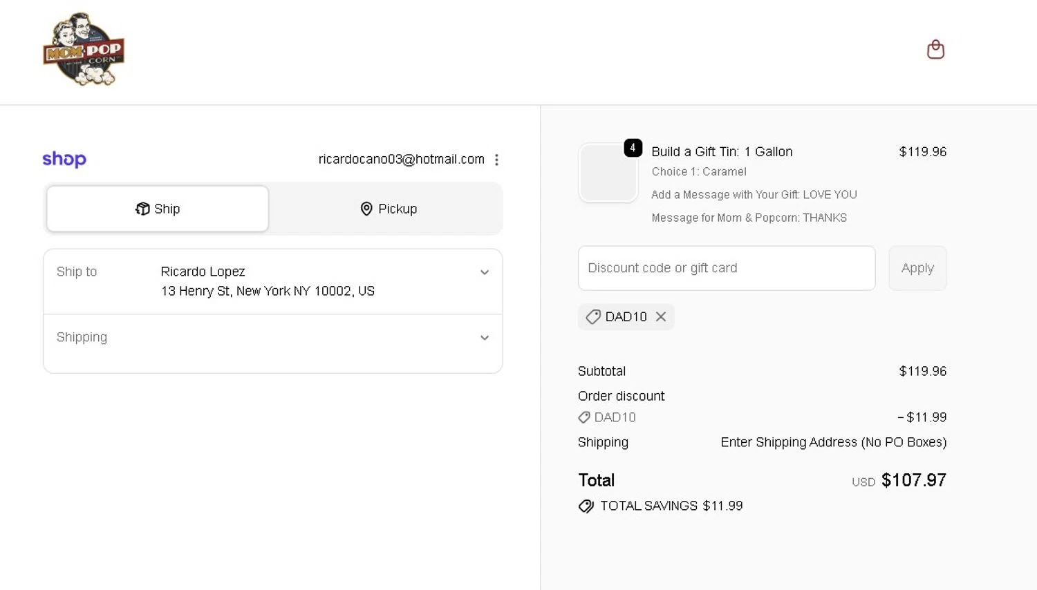 Mom & Popcorn promo code screenshot showing code DAD10 applied at Mom & Popcorn checkout page. Uploaded by SimplyCodes community member LAMINEJAMAL on Jun 14, 2026