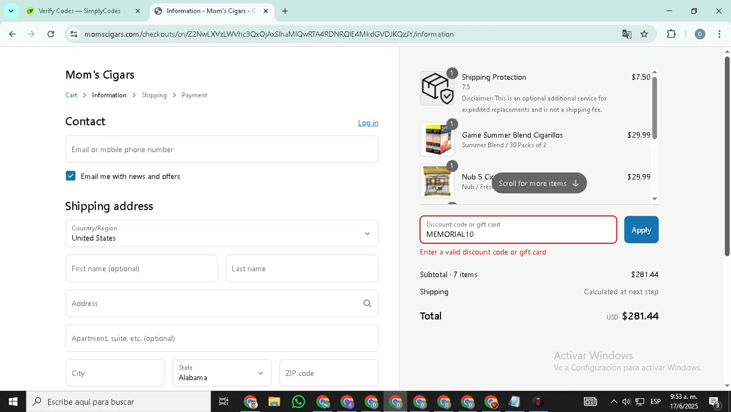 Mom's Cigars promo code screenshot showing code MEMORIAL10 applied at Mom's Cigars checkout page. Uploaded by SimplyCodes community member SavingsHero4493 on Jun 17, 2025