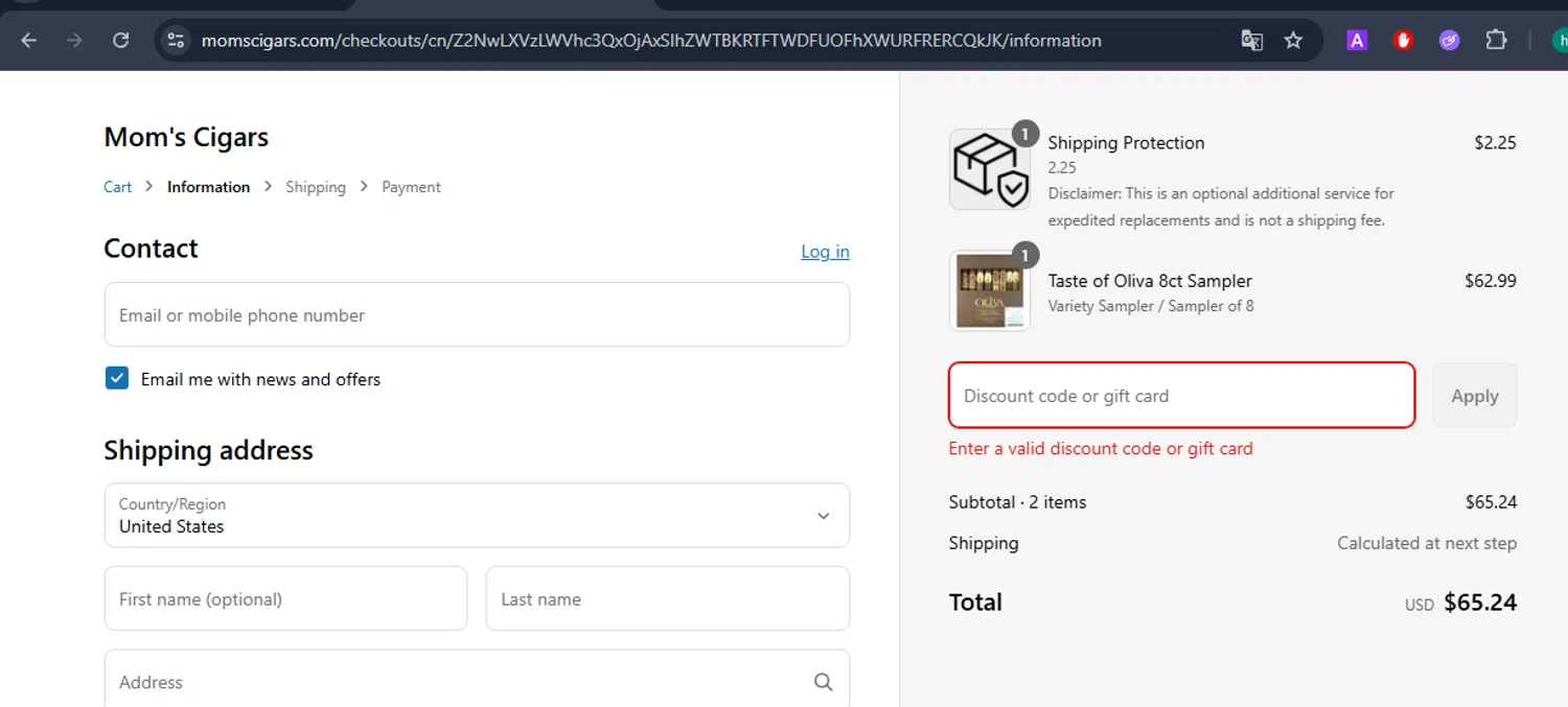 Mom's Cigars promo code screenshot showing code MEMORIAL10 applied at Mom's Cigars checkout page. Uploaded by SimplyCodes community member VictoriousGuardian220 on Jun 17, 2025