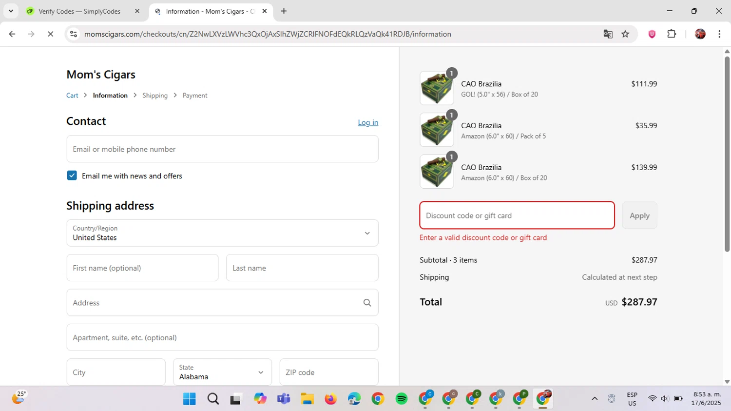 Mom's Cigars promo code screenshot showing code JULY4TH10 applied at Mom's Cigars checkout page. Uploaded by SimplyCodes community member GloriousDefender7889 on Jun 17, 2025