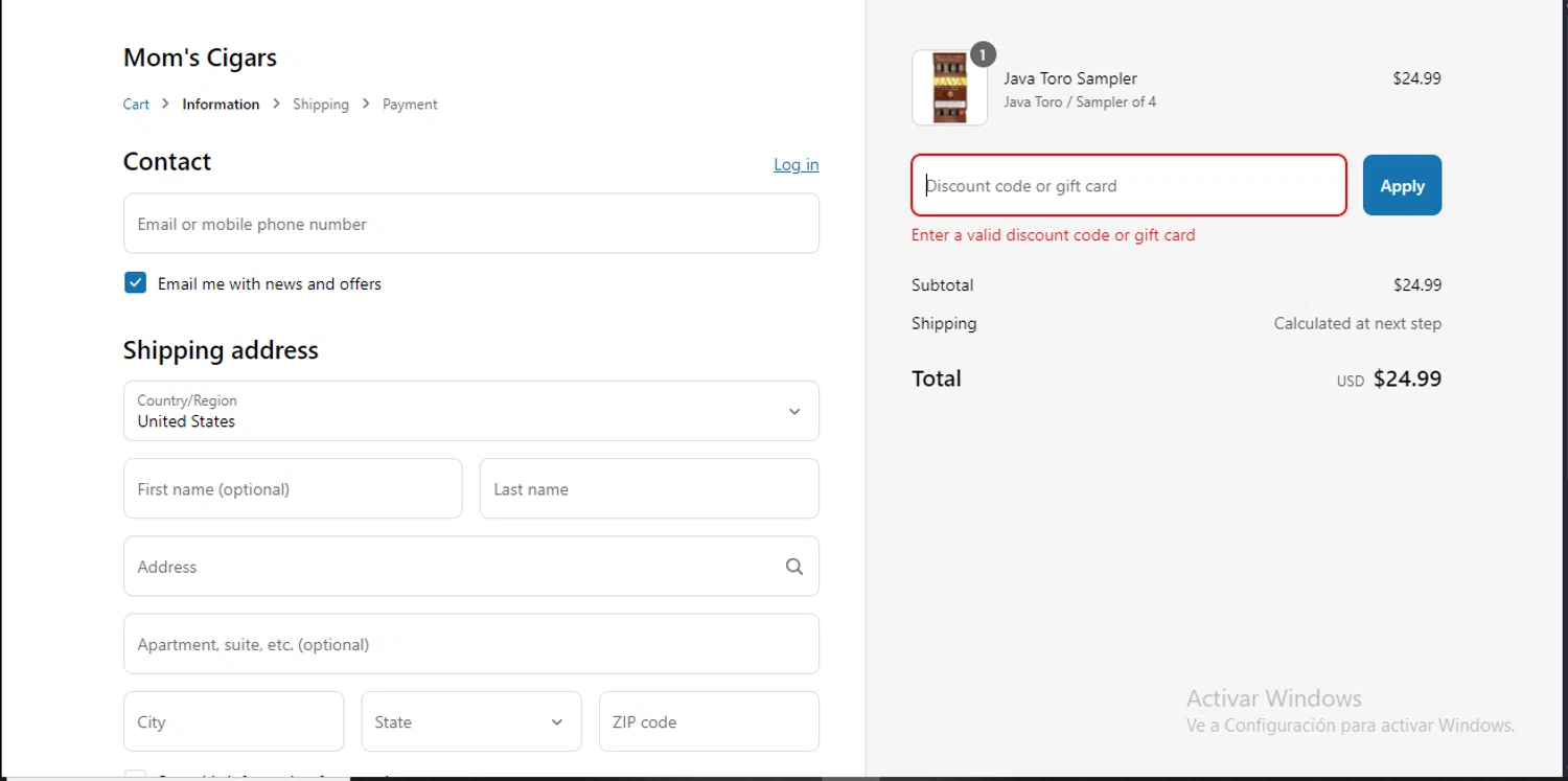 Mom's Cigars promo code screenshot showing code LABORDAY2024 applied at Mom's Cigars checkout page. Uploaded by SimplyCodes community member RebateSpotter2821 on Mar 25, 2025