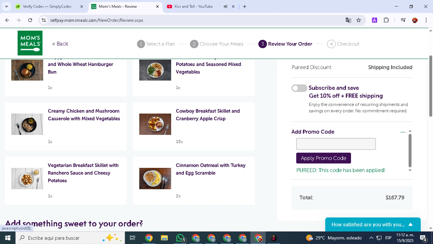 Mom's Meals promo code screenshot showing code PUREED applied at Mom's Meals checkout page. Uploaded by SimplyCodes community member BonusVoyager7570 on Sep 15, 2025