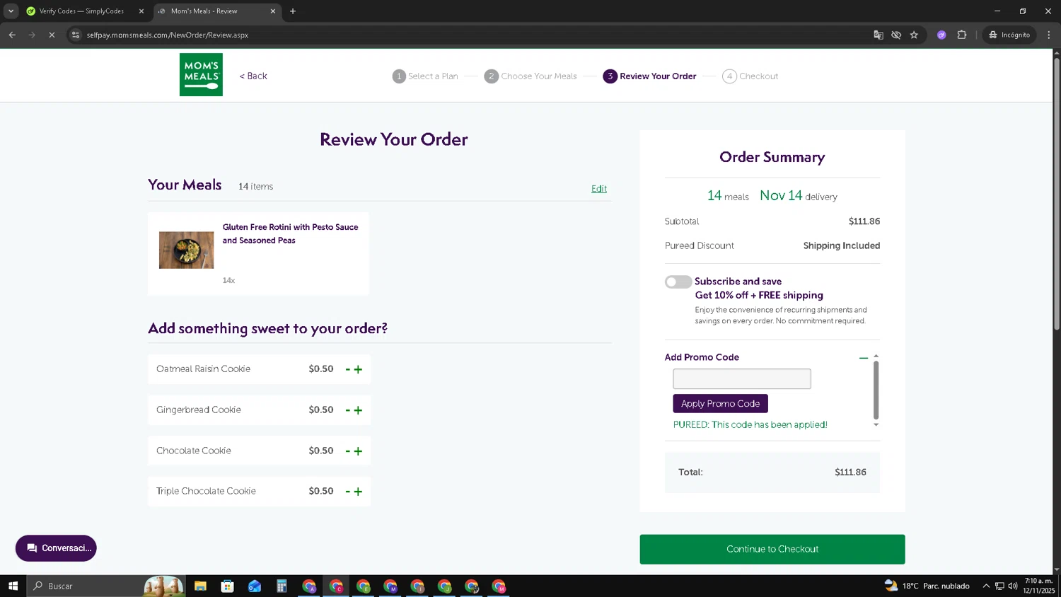 Mom's Meals promo code screenshot showing code PUREED applied at Mom's Meals checkout page. Uploaded by SimplyCodes community member TOROREX250 on Nov 12, 2025