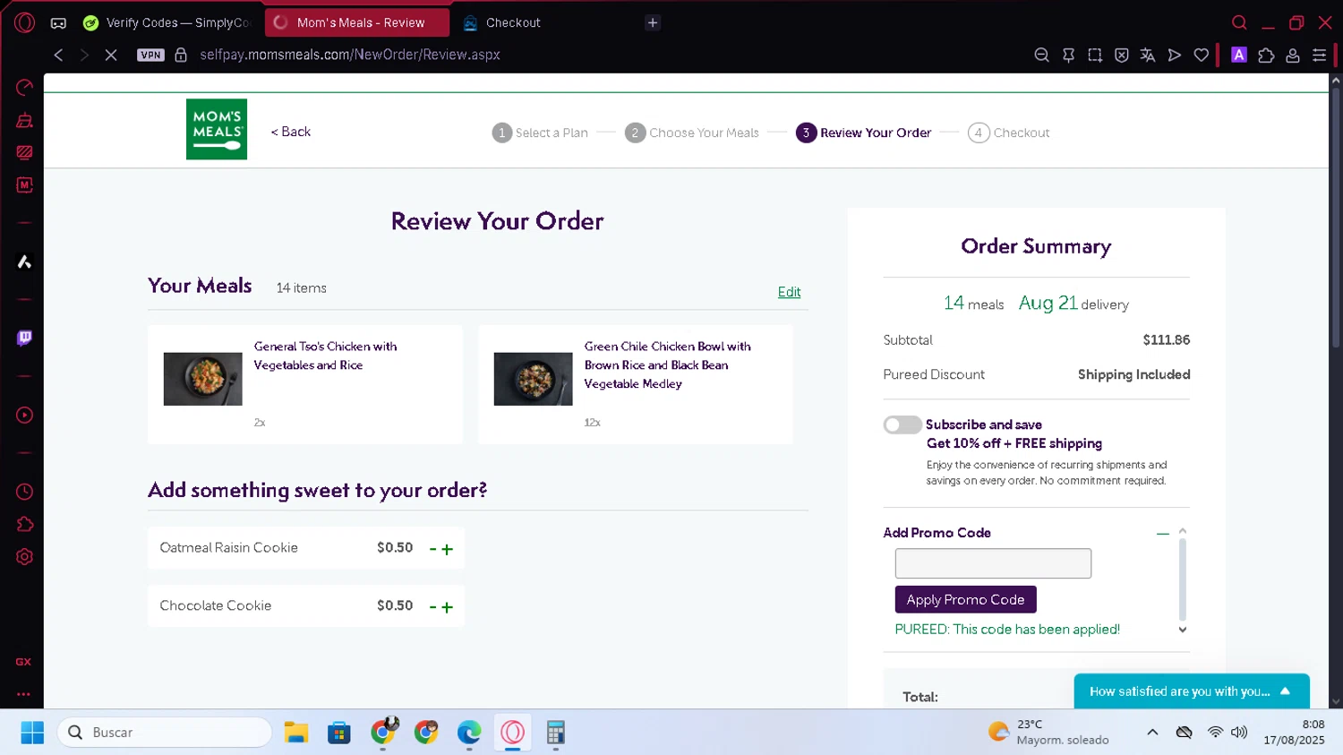 Mom's Meals promo code screenshot showing code PUREED applied at Mom's Meals checkout page. Uploaded by SimplyCodes community member YunoMaria on Aug 17, 2025
