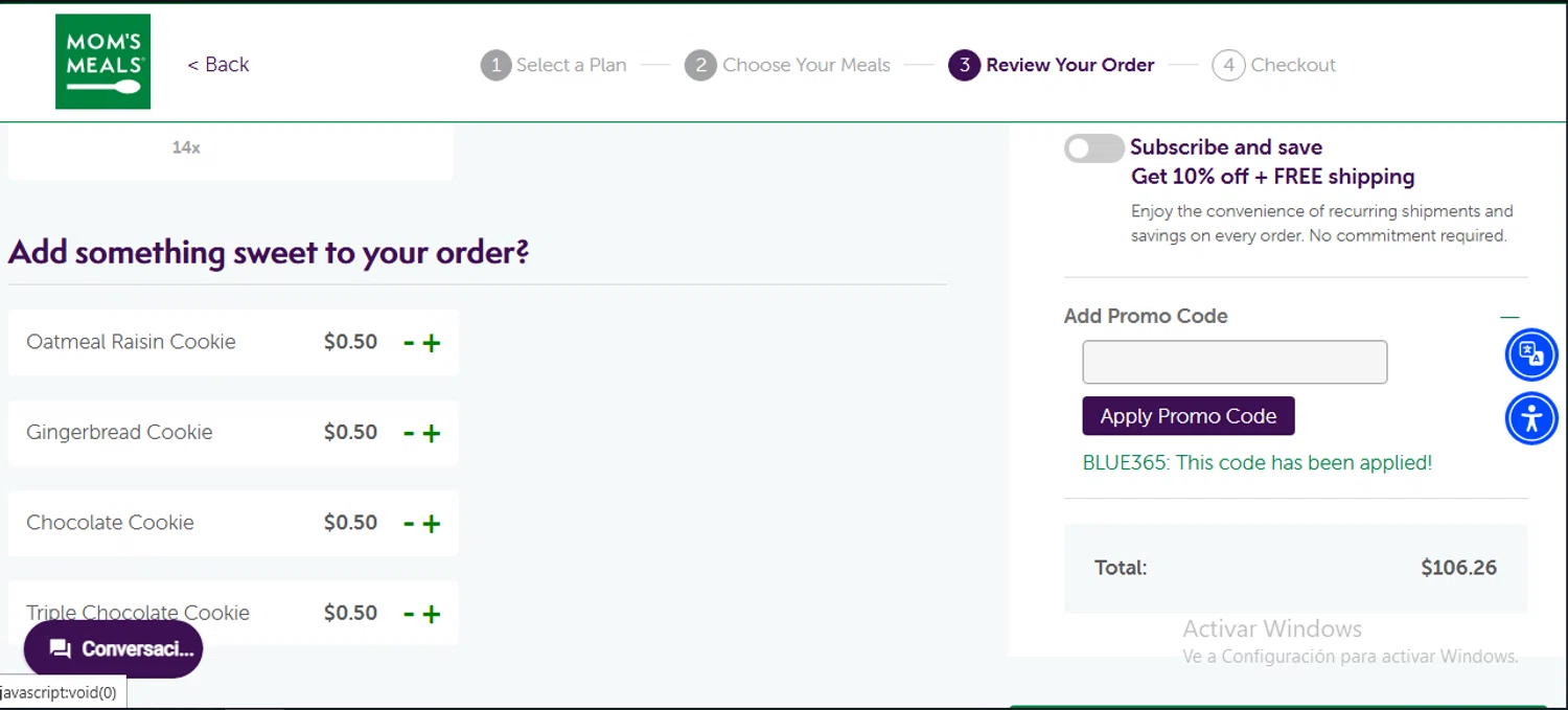 Mom's Meals promo code screenshot showing code BLUE365 applied at Mom's Meals checkout page. Uploaded by SimplyCodes community member WiseLynx1786 on Dec 26, 2025