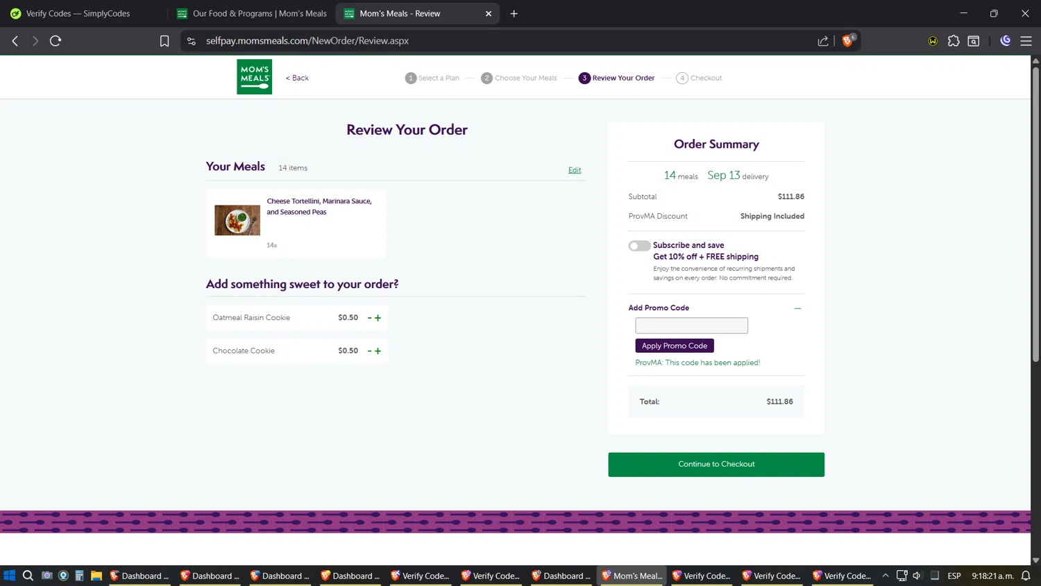 Mom's Meals promo code screenshot showing code ProvMA applied at Mom's Meals checkout page. Uploaded by SimplyCodes community member Amidamaru on Sep 11, 2025