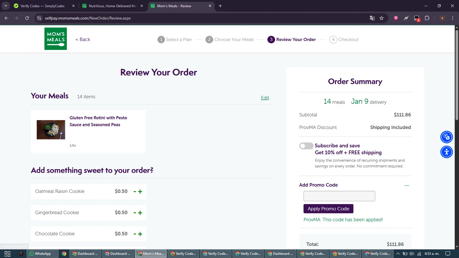 Mom's Meals checkout page showing Mom's Meals promo code box | Screenshot taken by SimplyCodes community member on Jan 6, 2026