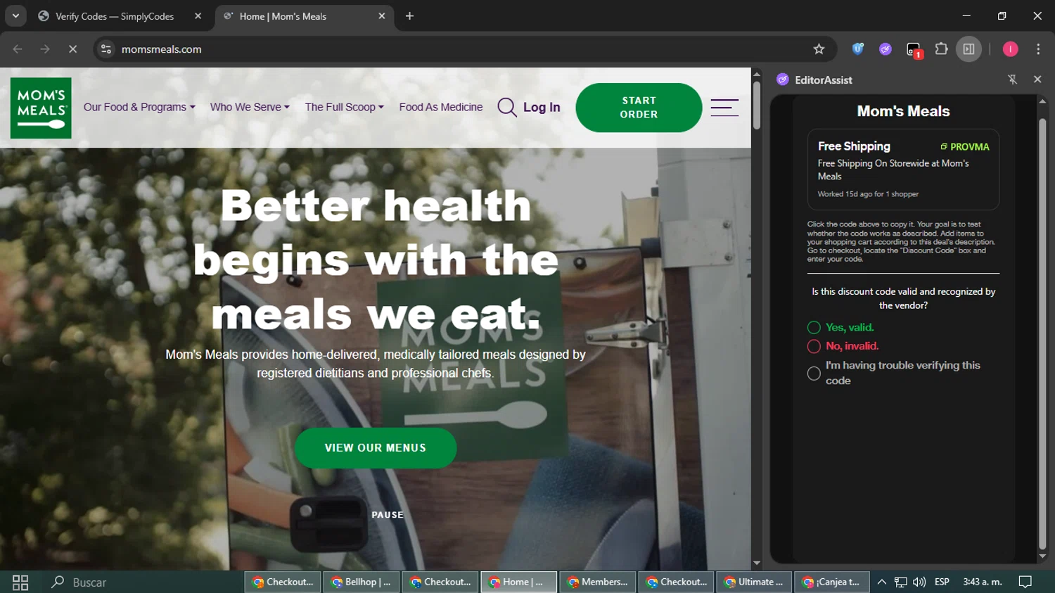 Mom's Meals promo code screenshot showing code ProvMA applied at Mom's Meals checkout page. Uploaded by SimplyCodes community member SmartAce4137 on Aug 13, 2025