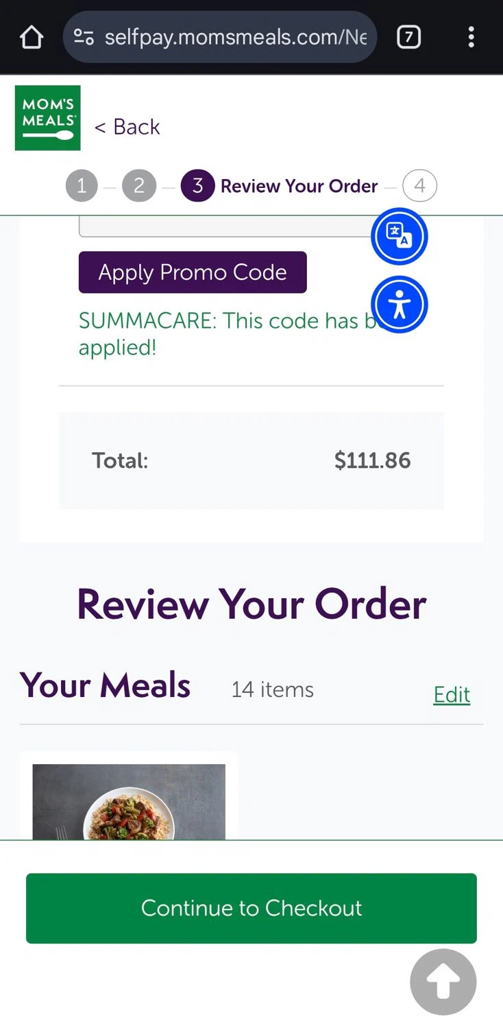 Mom's Meals checkout page showing Mom's Meals promo code box | Screenshot taken by SimplyCodes community member on Jan 6, 2026