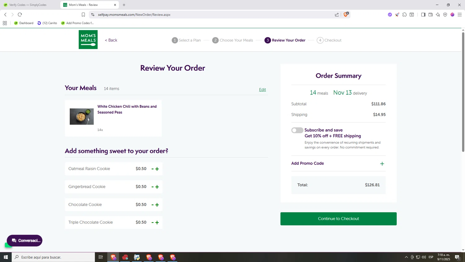 Mom's Meals promo code screenshot showing code SUMMACARE applied at Mom's Meals checkout page. Uploaded by SimplyCodes community member Nezukooo on Nov 9, 2025