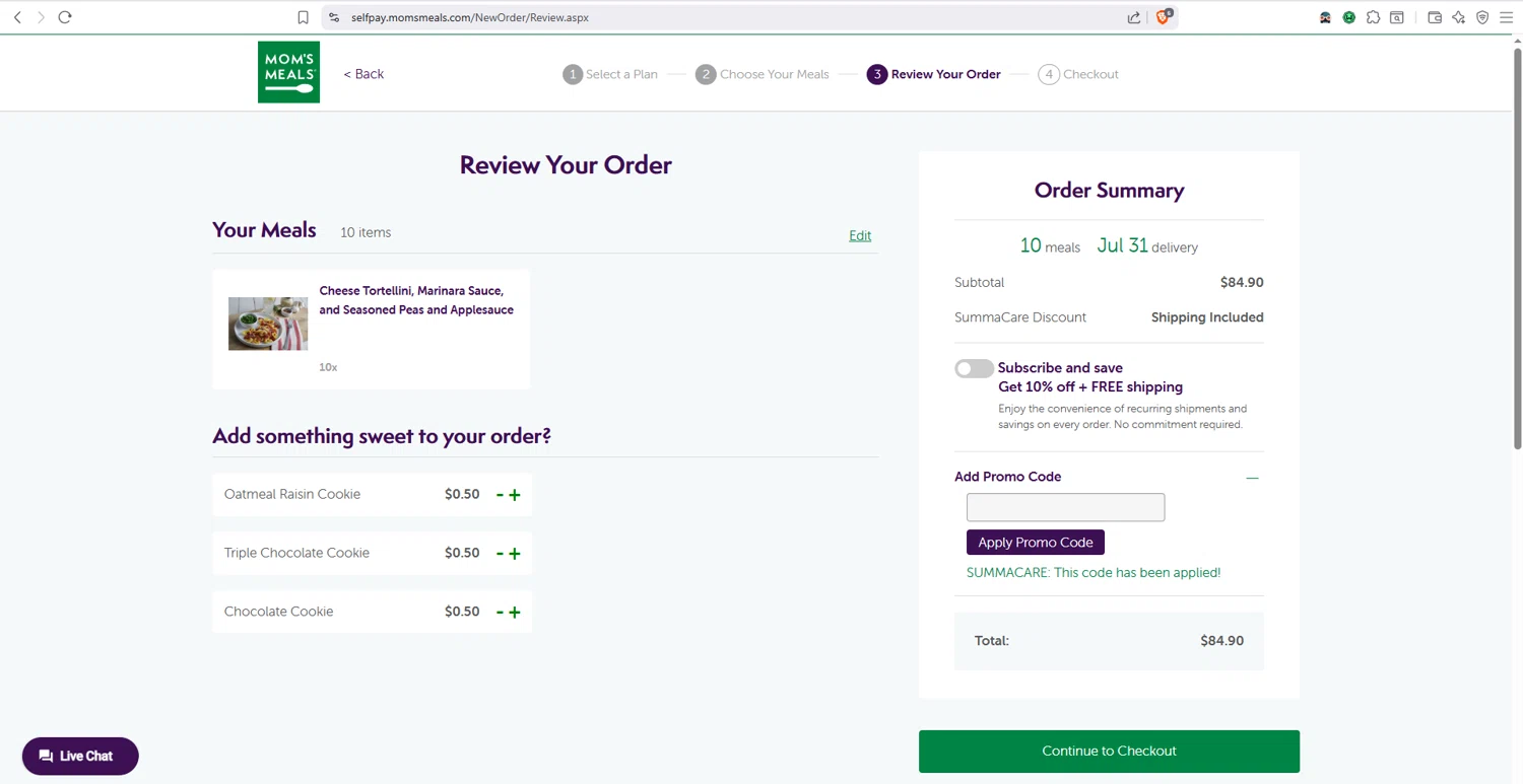Mom's Meals promo code screenshot showing code SUMMACARE applied at Mom's Meals checkout page. Uploaded by SimplyCodes community member dayselis15 on Jul 29, 2025