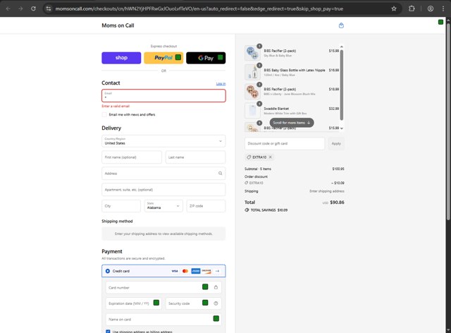 Moms on Call checkout page showing Moms on Call promo code box | Screenshot taken by SimplyCodes community member on Sep 3, 2025