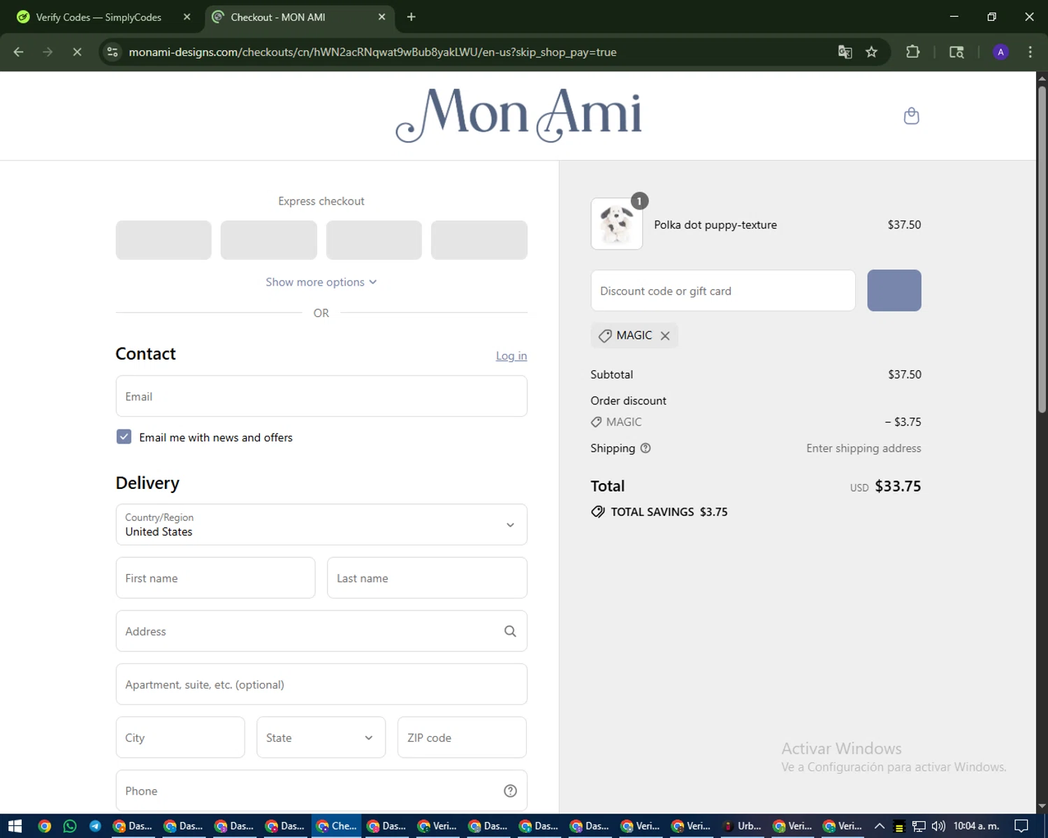 Mon Ami discount code screenshot showing code MAGIC applied at Mon Ami checkout page. Uploaded by SimplyCodes community member MagnificentWarden4603 on Sep 4, 2025