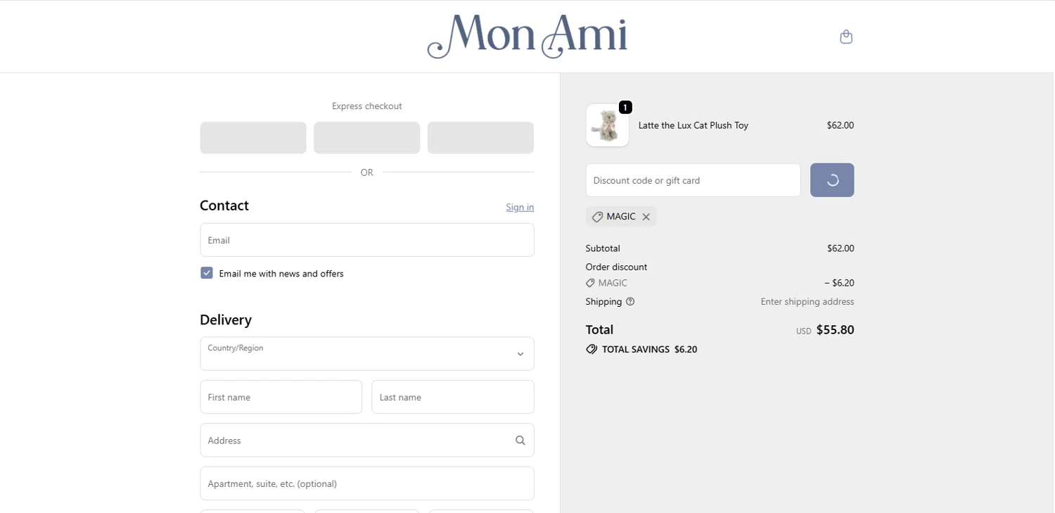 Mon Ami discount code screenshot showing code MAGIC applied at Mon Ami checkout page. Uploaded by SimplyCodes community member TOTONEROFL on Nov 10, 2025