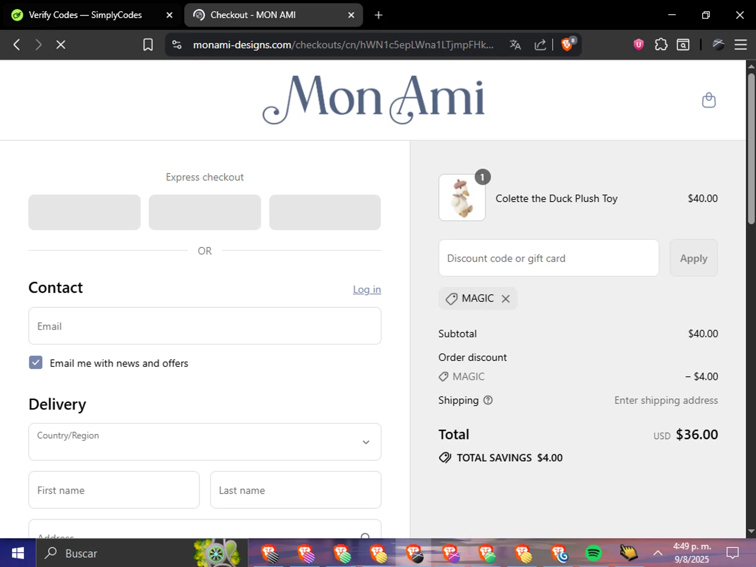 Mon Ami discount code screenshot showing code MAGIC applied at Mon Ami checkout page. Uploaded by SimplyCodes community member TokenAce6841 on Aug 9, 2025