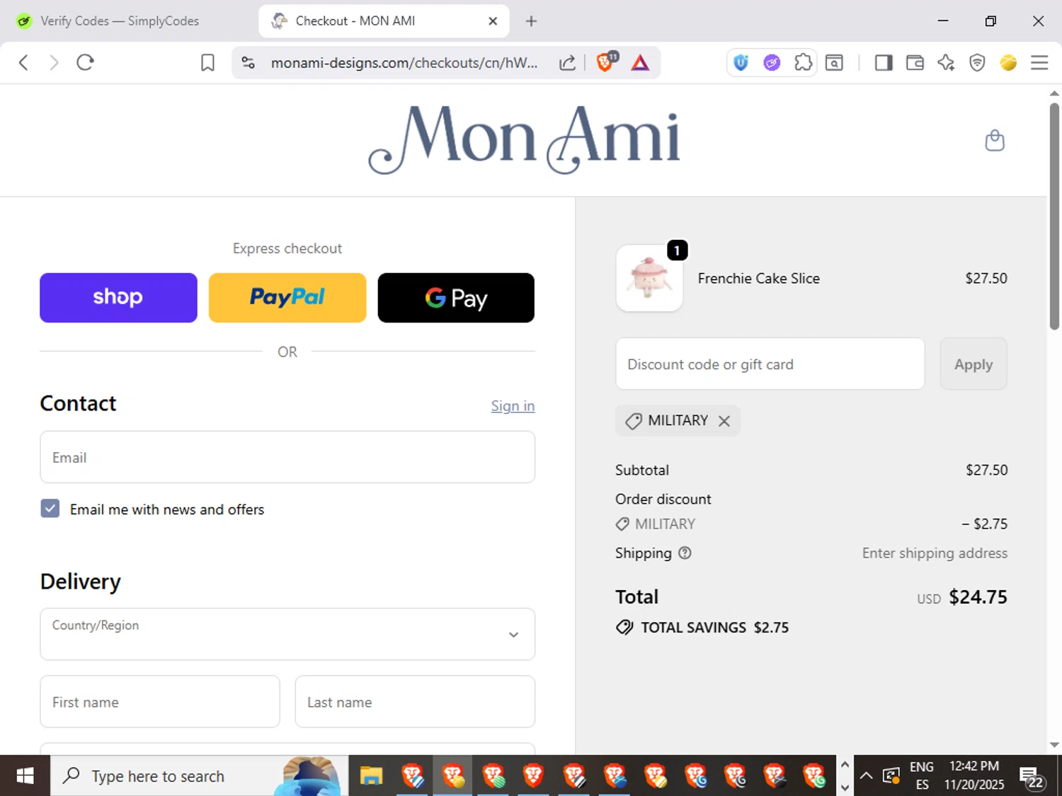 Mon Ami discount code screenshot showing code MILITARY applied at Mon Ami checkout page. Uploaded by SimplyCodes community member QuestWarden1268 on Nov 20, 2025