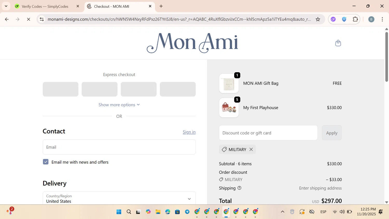 Mon Ami discount code screenshot showing code MILITARY applied at Mon Ami checkout page. Uploaded by SimplyCodes community member WonderWizard6057 on Nov 20, 2025