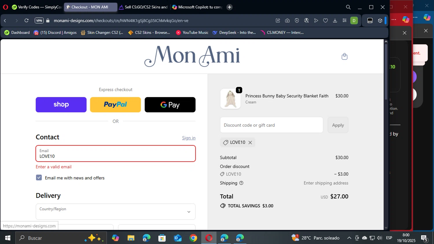 Mon Ami discount code screenshot showing code LOVE10 applied at Mon Ami checkout page. Uploaded by SimplyCodes community member TuAmigoRed on Oct 19, 2025