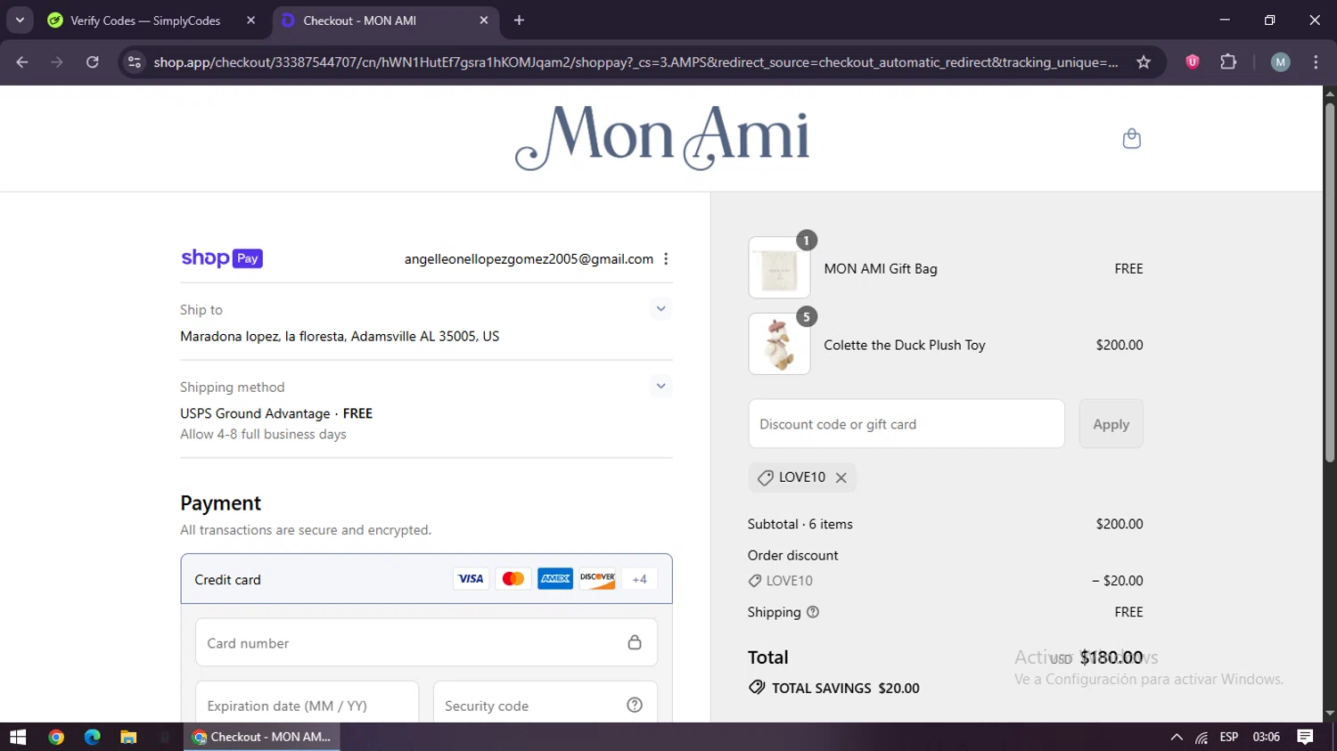 Mon Ami discount code screenshot showing code LOVE10 applied at Mon Ami checkout page. Uploaded by SimplyCodes community member maraxo on Aug 1, 2025