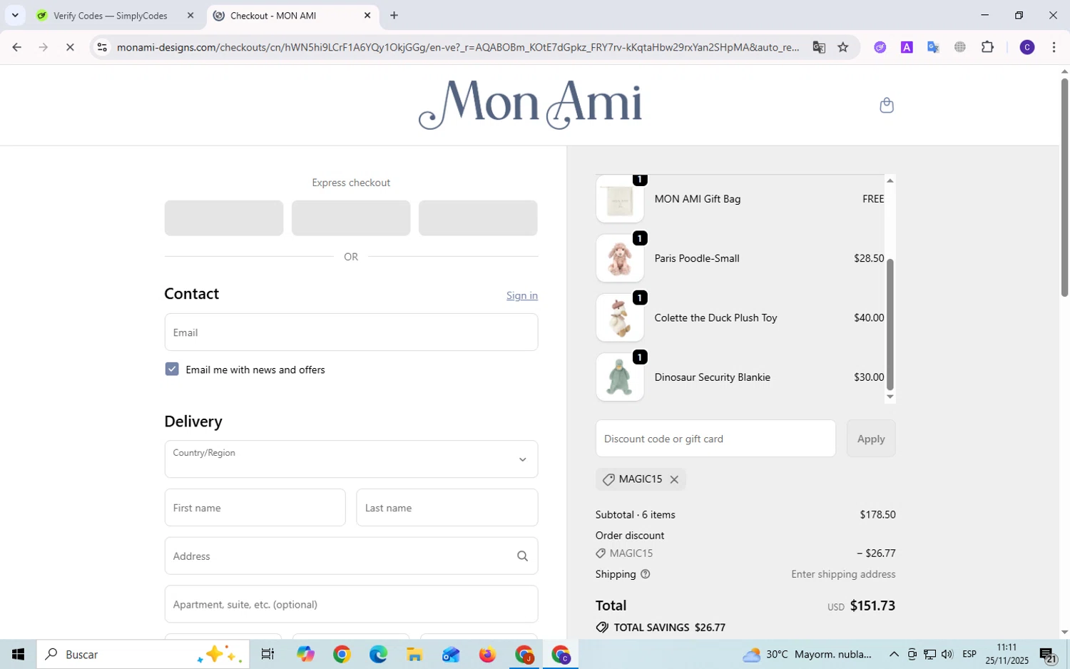 Mon Ami discount code screenshot showing code MAGIC15 applied at Mon Ami checkout page. Uploaded by SimplyCodes community member Elvistrofia on Nov 25, 2025