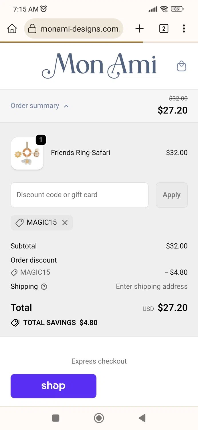 Mon Ami discount code screenshot showing code MAGIC15 applied at Mon Ami checkout page. Uploaded by SimplyCodes community member TokenFinder6469 on Jan 13, 2026