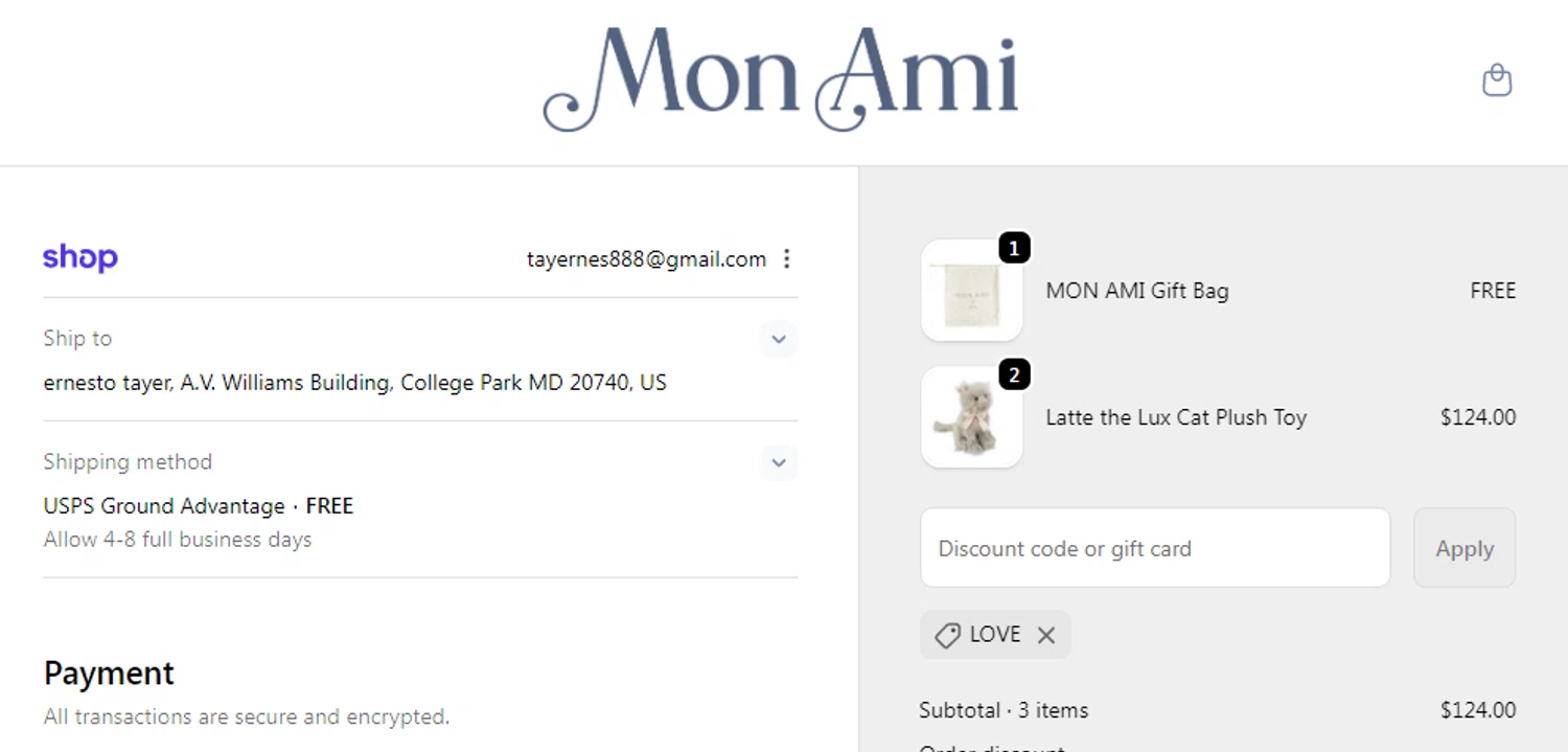 Mon Ami discount code screenshot showing code LOVE applied at Mon Ami checkout page. Uploaded by SimplyCodes community member taylersmith on Nov 10, 2025