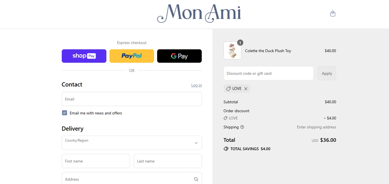 Mon Ami discount code screenshot showing code LOVE applied at Mon Ami checkout page. Uploaded by SimplyCodes community member ashe1986 on Jul 22, 2025