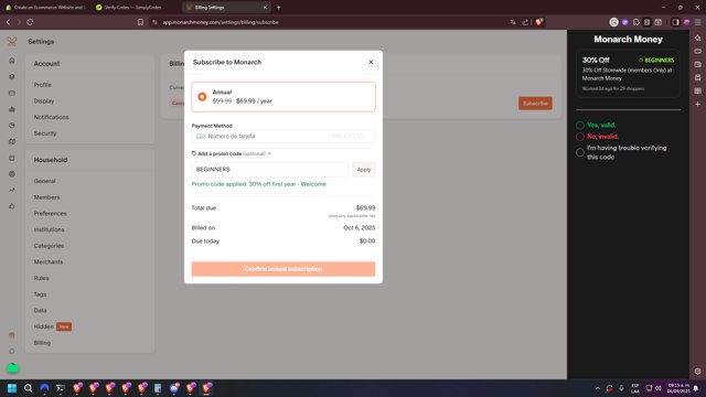Monarch Money checkout page showing Monarch Money promo code box | Screenshot taken by SimplyCodes community member on Sep 6, 2025