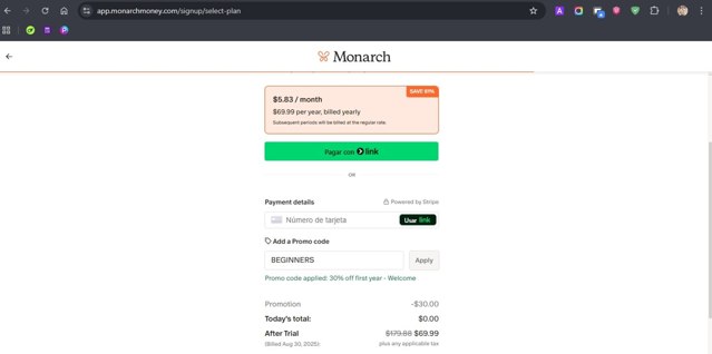 Monarch Money checkout page showing Monarch Money promo code box | Screenshot taken by SimplyCodes community member on Aug 24, 2025
